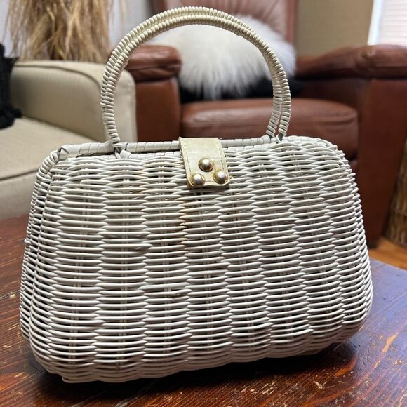 Miss Ellen Womens Vintage Basket Bag White Wicker Double Handle - Picture 10 of 12